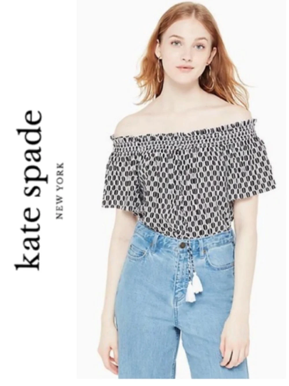Kate Spade ♠️ Arrow Stripe Off The Shoulder Top In Fresh White/black (L)
